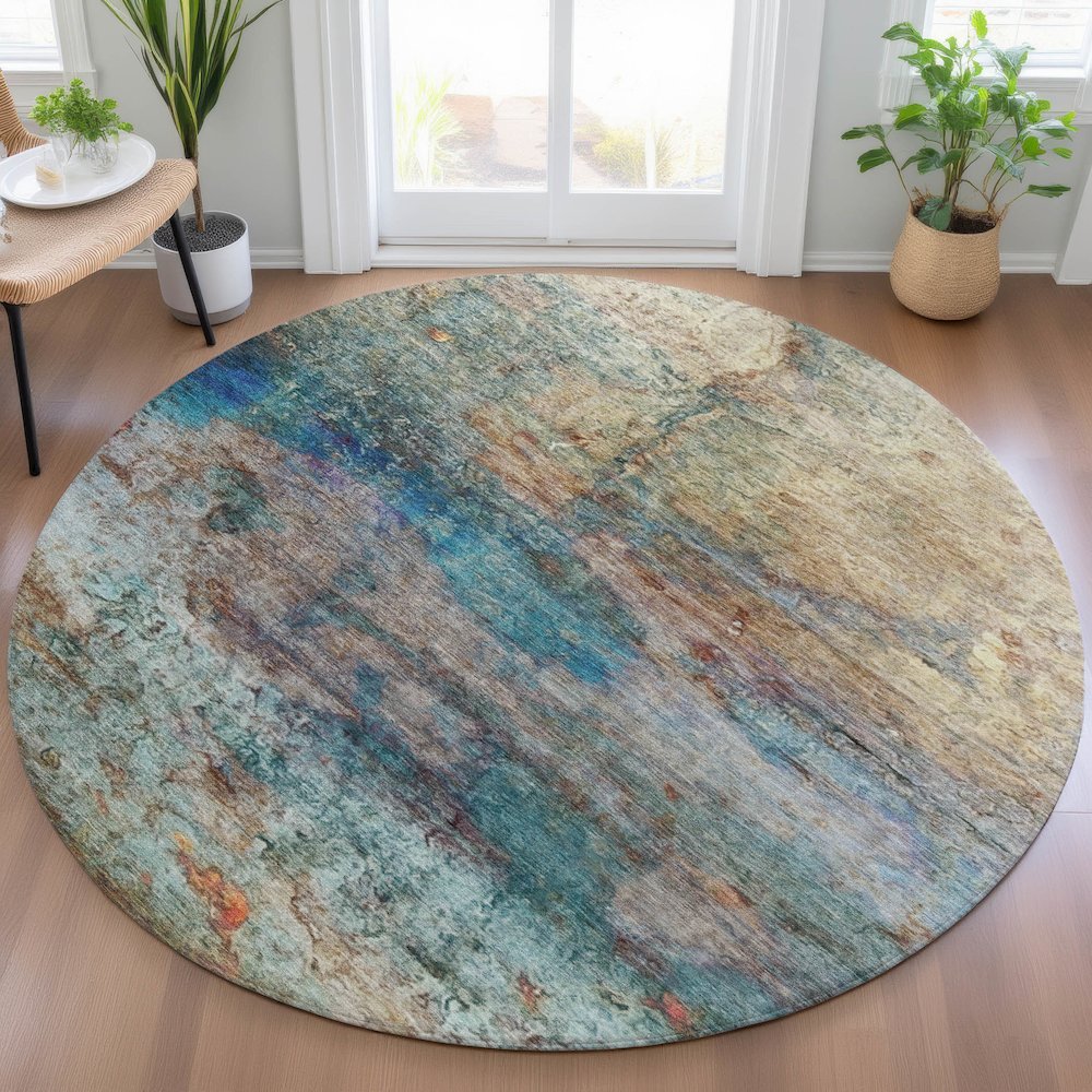 Machine Washable Indoor/Outdoor Chantille ACN2100 Teal 8' x 8' Round Rug. Picture 5