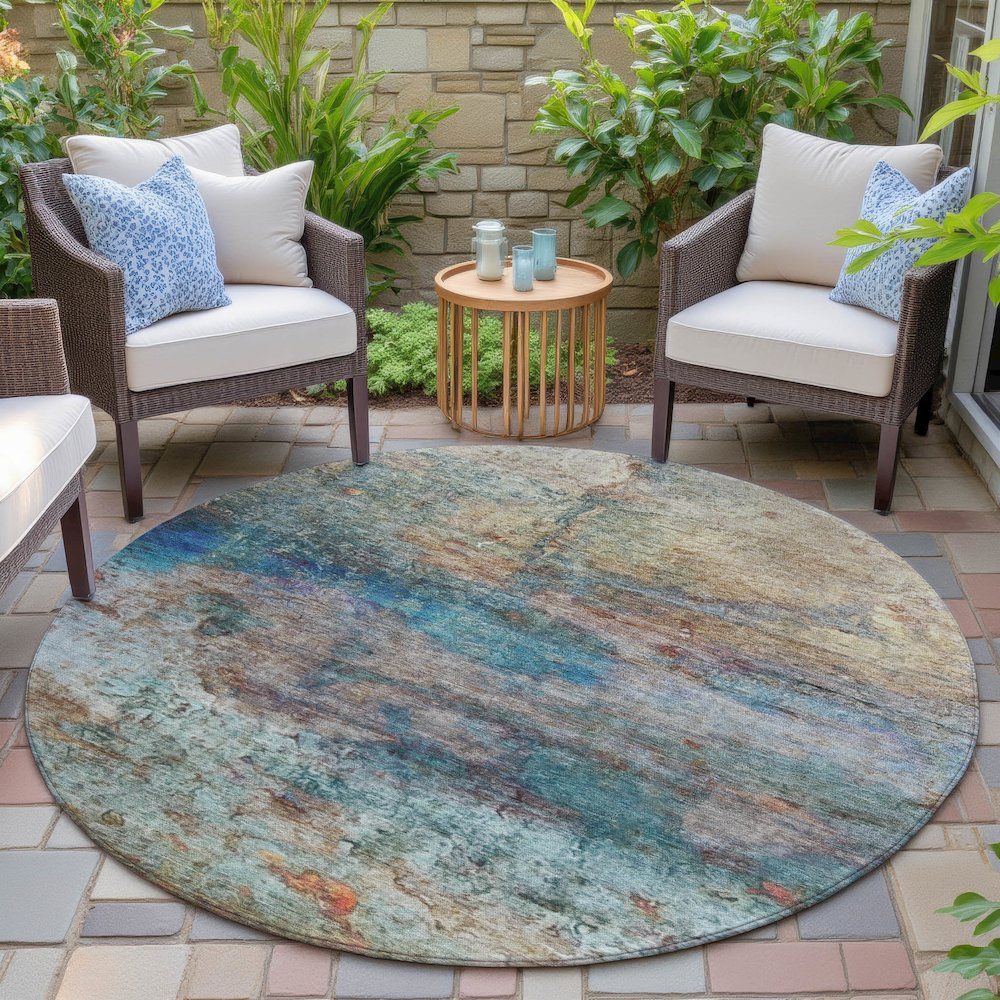 Machine Washable Indoor/Outdoor Chantille ACN2100 Teal 8' x 8' Round Rug. Picture 6