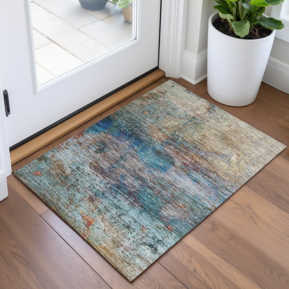 Machine Washable Indoor/Outdoor Chantille ACN2100 Teal 1'8" x 2'6" Rug. Picture 5