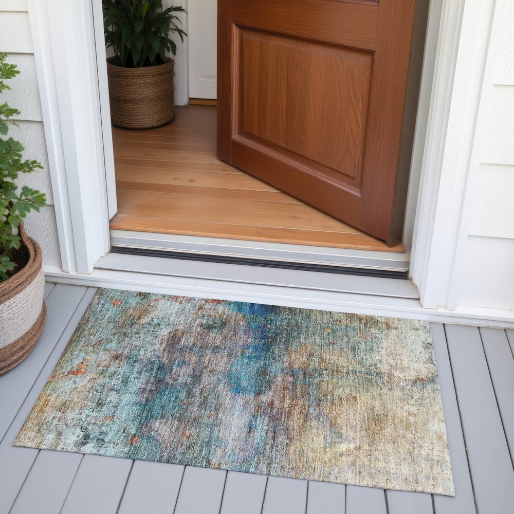 Machine Washable Indoor/Outdoor Chantille ACN2100 Teal 1'8" x 2'6" Rug. Picture 6