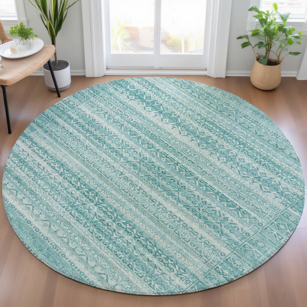 Machine Washable Indoor/Outdoor Chantille ACN2101 Aqua 8' x 8' Round Rug. Picture 5