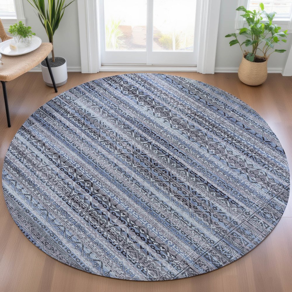 Machine Washable Indoor/Outdoor Chantille ACN2101 Blue 8' x 8' Round Rug. Picture 5