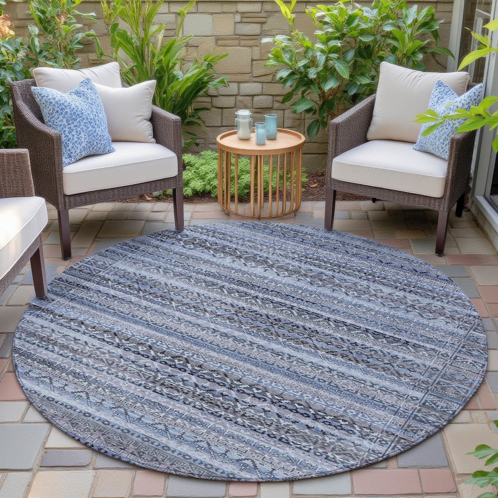 Machine Washable Indoor/Outdoor Chantille ACN2101 Blue 8' x 8' Round Rug. Picture 6