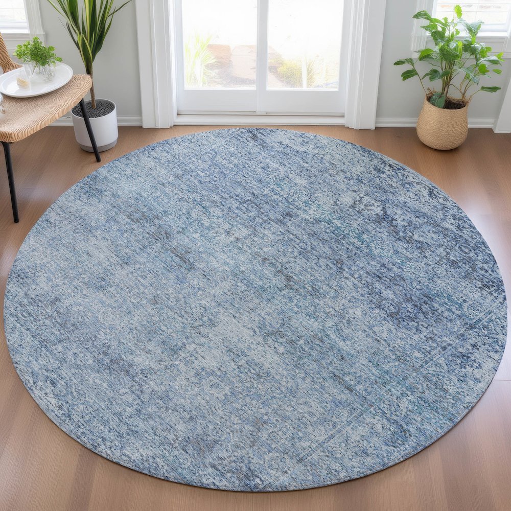 Machine Washable Indoor/Outdoor Chantille ACN2103 Blue 8' x 8' Round Rug. Picture 5
