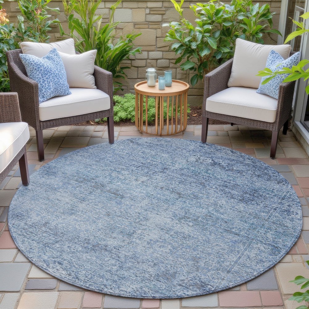 Machine Washable Indoor/Outdoor Chantille ACN2103 Blue 8' x 8' Round Rug. Picture 6