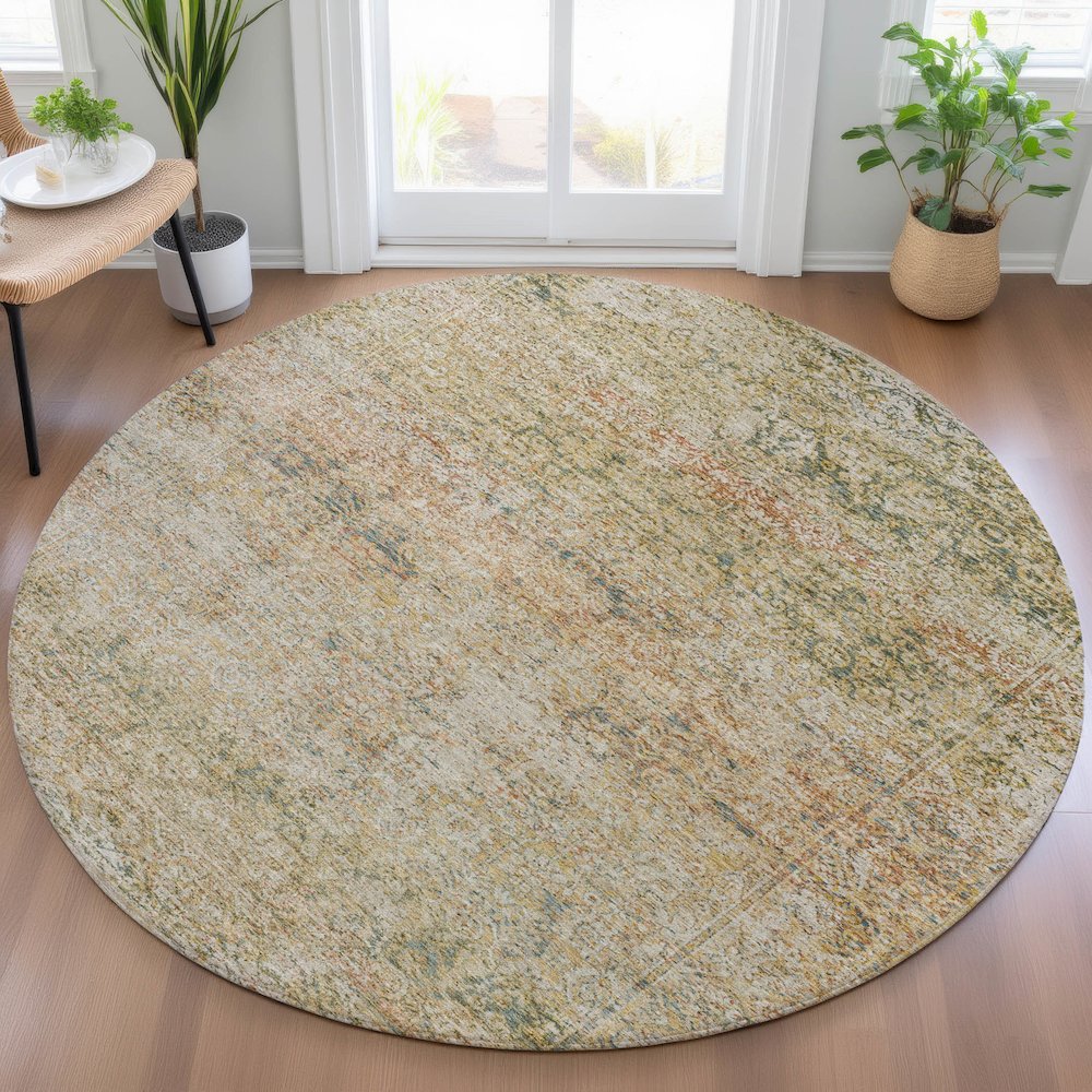 Machine Washable Indoor/Outdoor Chantille ACN2103 Gold 8' x 8' Round Rug. Picture 5
