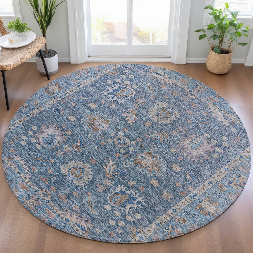 Machine Washable Indoor/Outdoor Chantille ACN2104 Blue 8' x 8' Round Rug. Picture 5