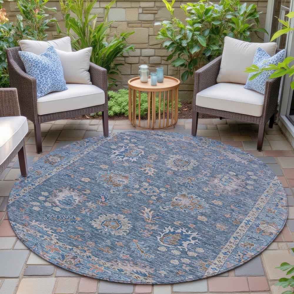 Machine Washable Indoor/Outdoor Chantille ACN2104 Blue 8' x 8' Round Rug. Picture 6