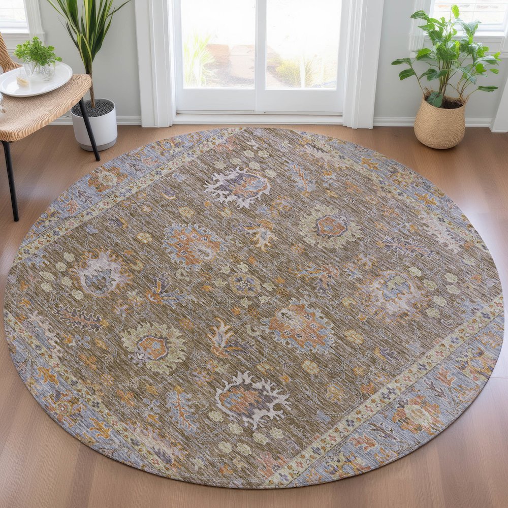 Machine Washable Indoor/Outdoor Chantille ACN2104 Brown 8' x 8' Round Rug. Picture 5
