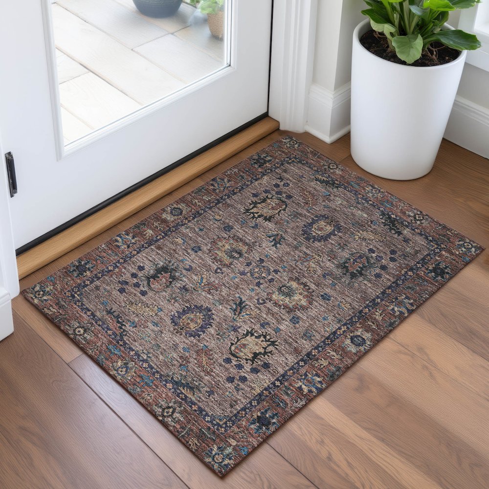 Machine Washable Indoor/Outdoor Chantille ACN2104 Mocha 1'8" x 2'6" Rug. Picture 5