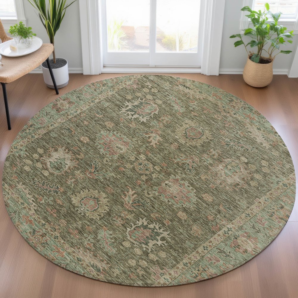 Machine Washable Indoor/Outdoor Chantille ACN2104 Olive 8' x 8' Round Rug. Picture 5