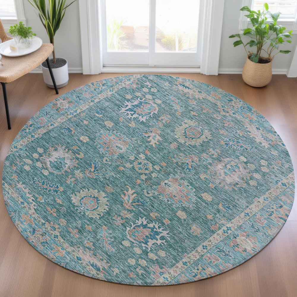 Machine Washable Indoor/Outdoor Chantille ACN2104 Teal 8' x 8' Round Rug. Picture 5