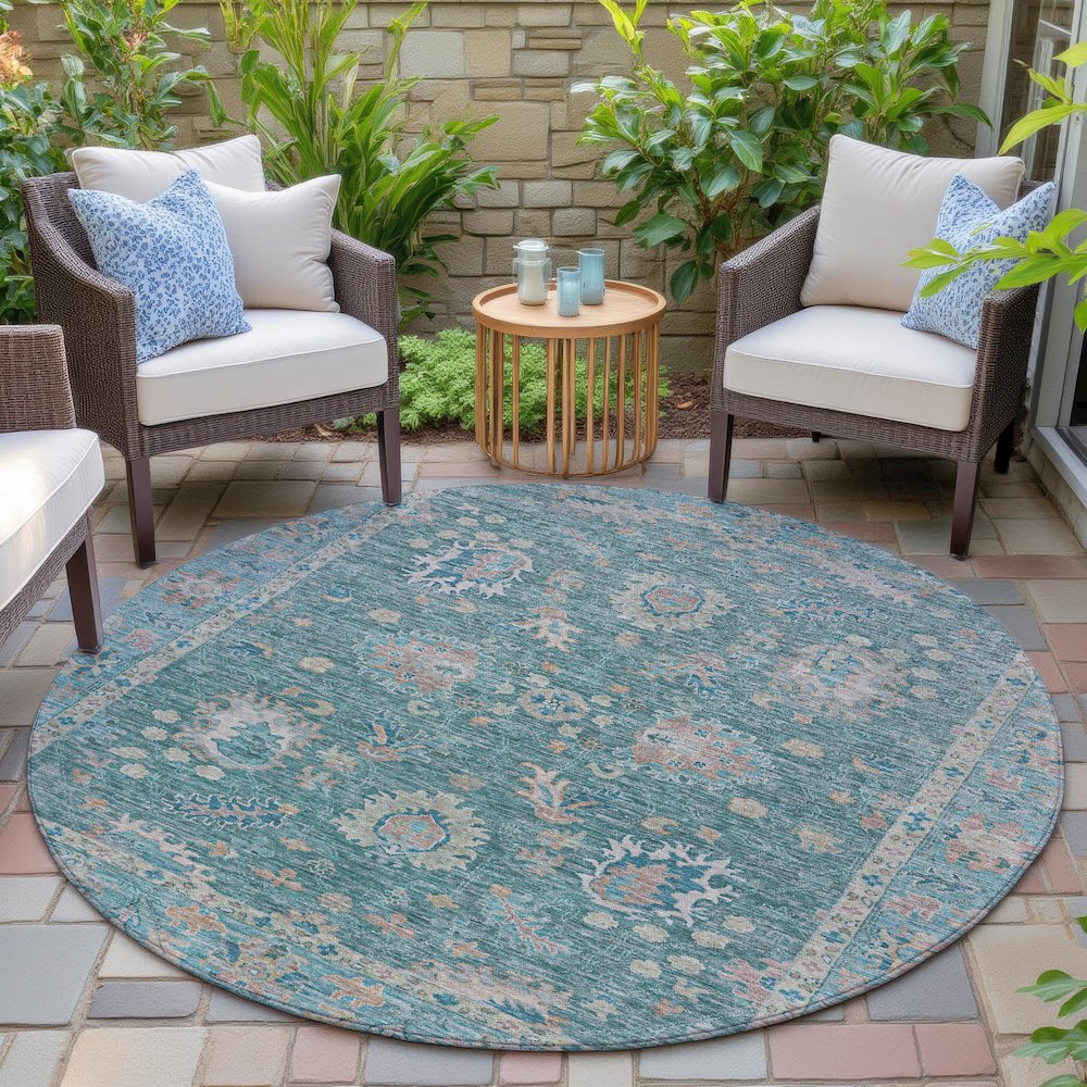 Machine Washable Indoor/Outdoor Chantille ACN2104 Teal 8' x 8' Round Rug. Picture 6