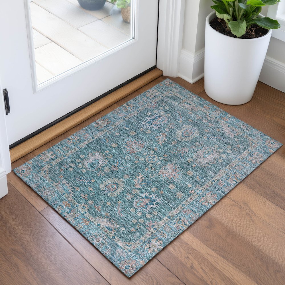 Machine Washable Indoor/Outdoor Chantille ACN2104 Teal 1'8" x 2'6" Rug. Picture 5