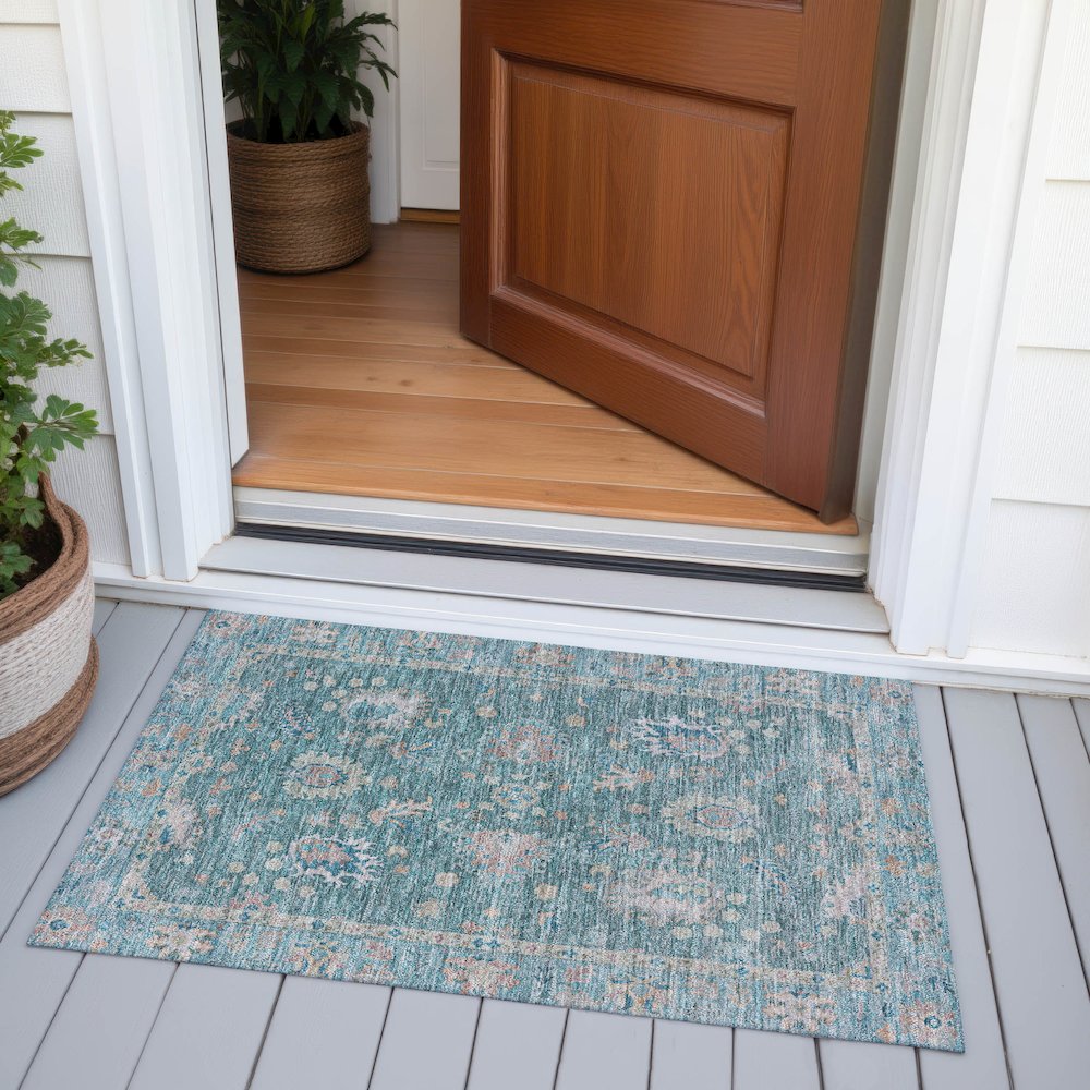 Machine Washable Indoor/Outdoor Chantille ACN2104 Teal 1'8" x 2'6" Rug. Picture 6