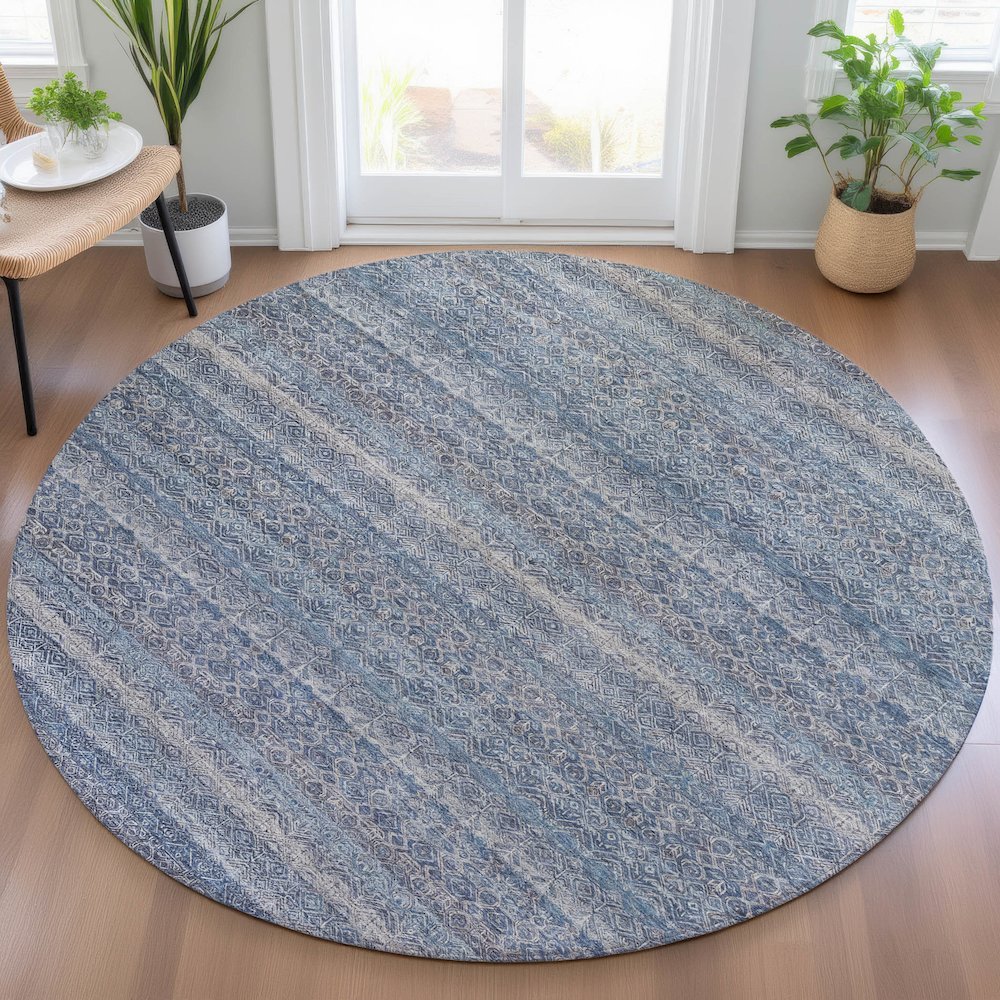 Machine Washable Indoor/Outdoor Chantille ACN2105 Blue 8' x 8' Round Rug. Picture 5