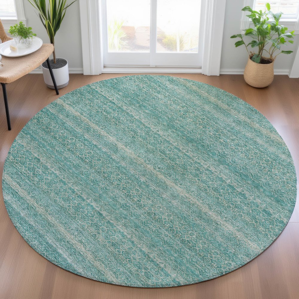 Machine Washable Indoor/Outdoor Chantille ACN2105 Teal 8' x 8' Round Rug. Picture 5