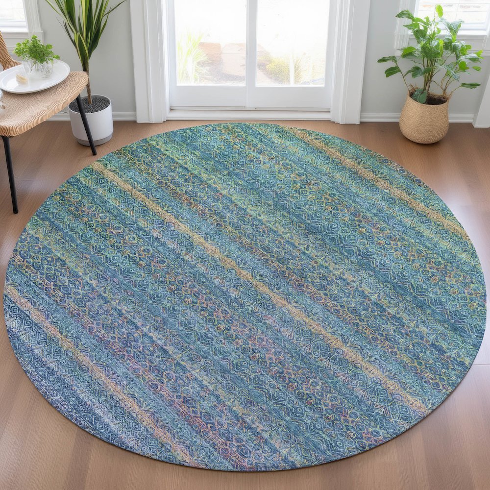 Machine Washable Indoor/Outdoor Chantille ACN2106 Teal 8' x 8' Round Rug. Picture 5