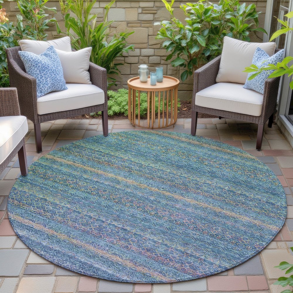 Machine Washable Indoor/Outdoor Chantille ACN2106 Teal 8' x 8' Round Rug. Picture 6