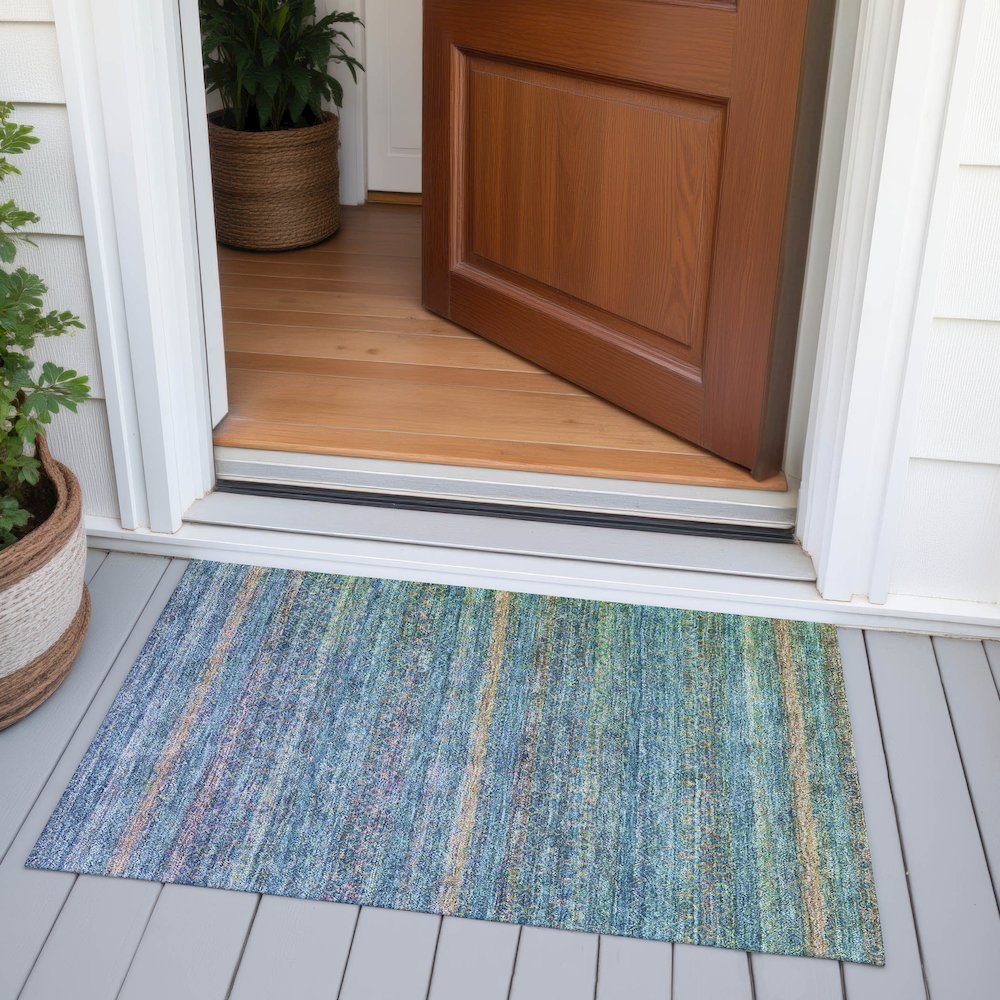 Machine Washable Indoor/Outdoor Chantille ACN2106 Teal 1'8" x 2'6" Rug. Picture 6