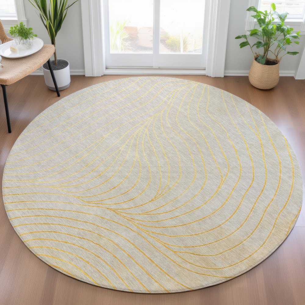 Machine Washable Indoor/Outdoor Chantille ACN2107 Gold 8' x 8' Round Rug. Picture 5