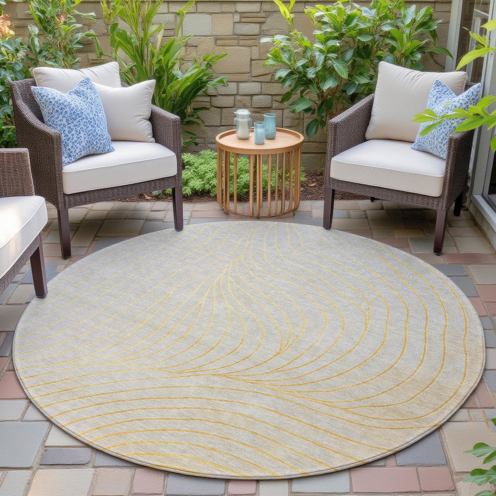 Machine Washable Indoor/Outdoor Chantille ACN2107 Gold 8' x 8' Round Rug. Picture 6