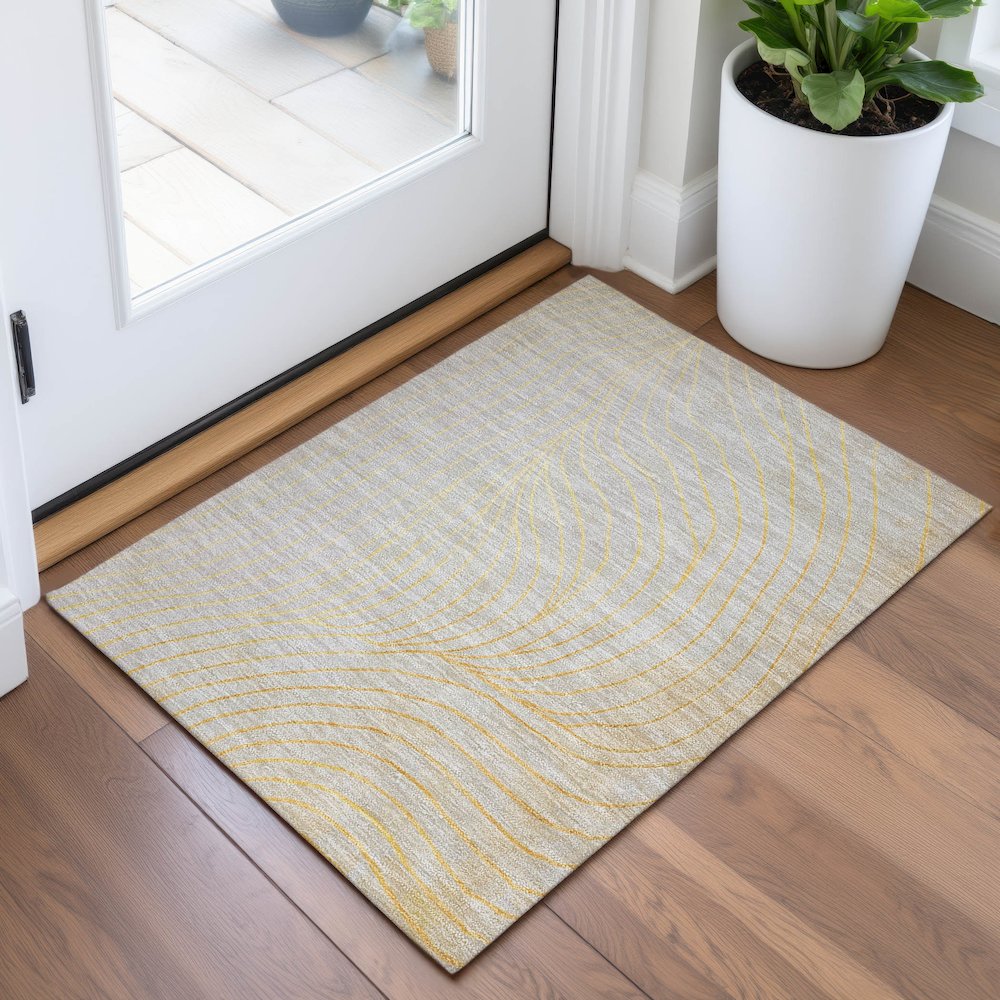 Machine Washable Indoor/Outdoor Chantille ACN2107 Gold 1'8" x 2'6" Rug. Picture 5