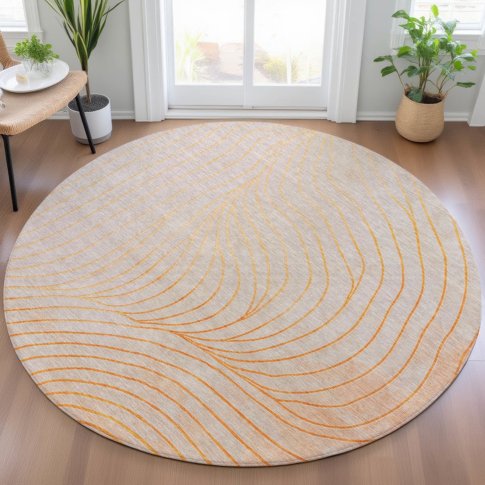 Machine Washable Indoor/Outdoor Chantille ACN2107 Orange 8' x 8' Round Rug. Picture 5