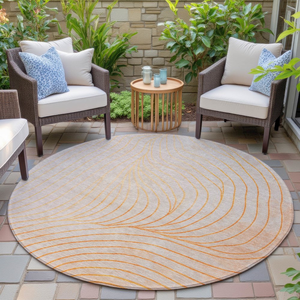 Machine Washable Indoor/Outdoor Chantille ACN2107 Orange 8' x 8' Round Rug. Picture 6