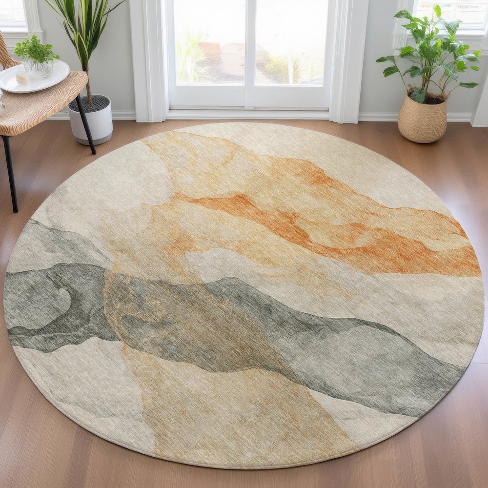 Machine Washable Indoor/Outdoor Chantille ACN2109 Orange 8' x 8' Round Rug. Picture 5