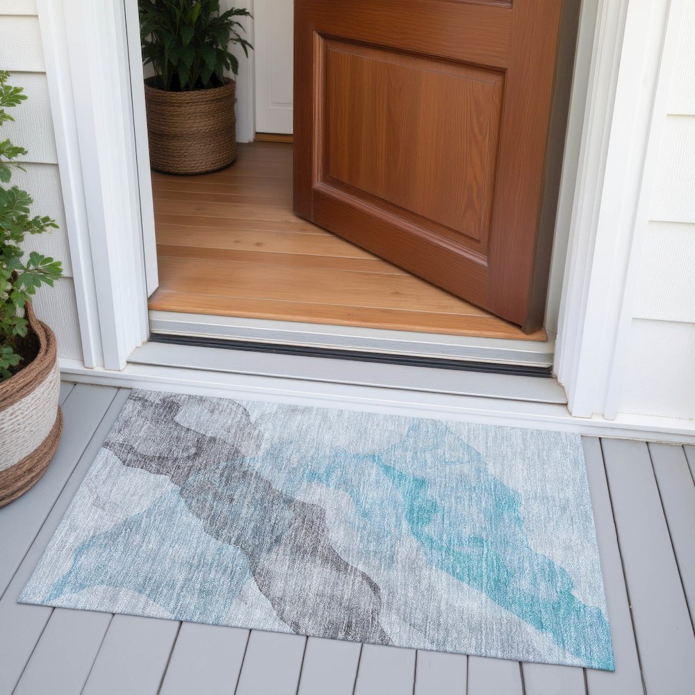 Machine Washable Indoor/Outdoor Chantille ACN2109 Teal 1'8" x 2'6" Rug. Picture 6