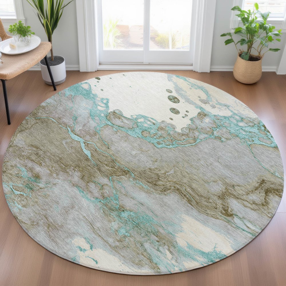 Machine Washable Indoor/Outdoor Chantille ACN2110 Teal 8' x 8' Round Rug. Picture 5