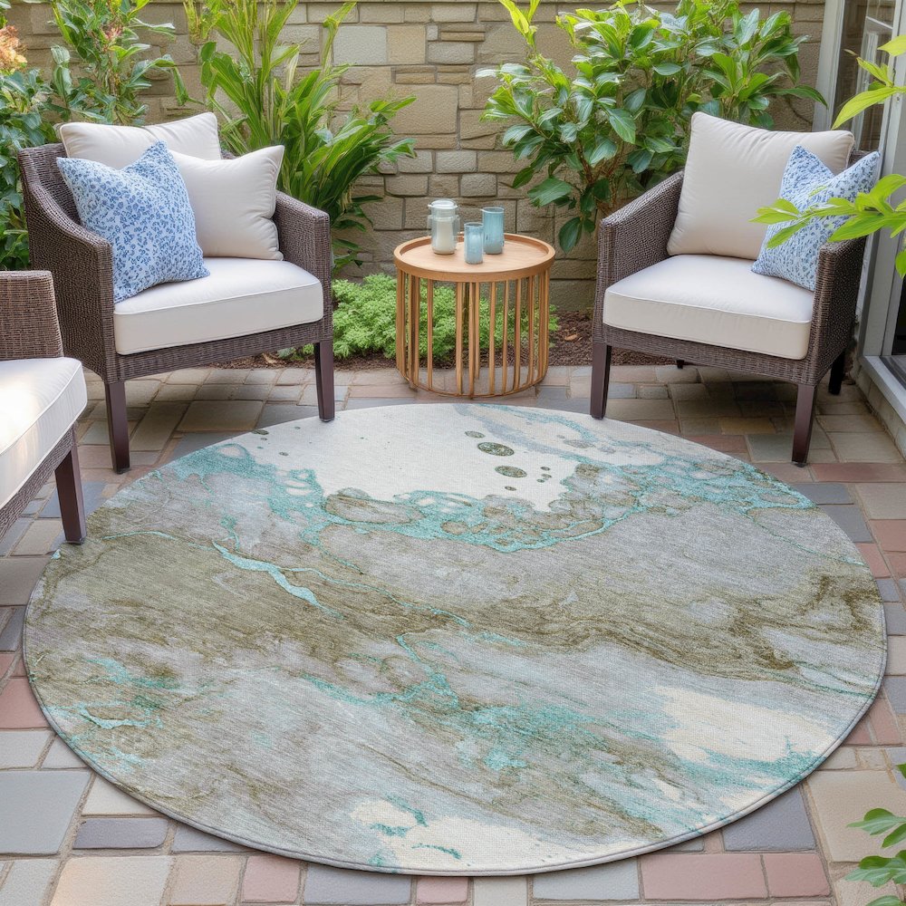 Machine Washable Indoor/Outdoor Chantille ACN2110 Teal 8' x 8' Round Rug. Picture 6