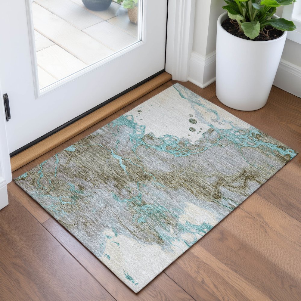 Machine Washable Indoor/Outdoor Chantille ACN2110 Teal 1'8" x 2'6" Rug. Picture 5