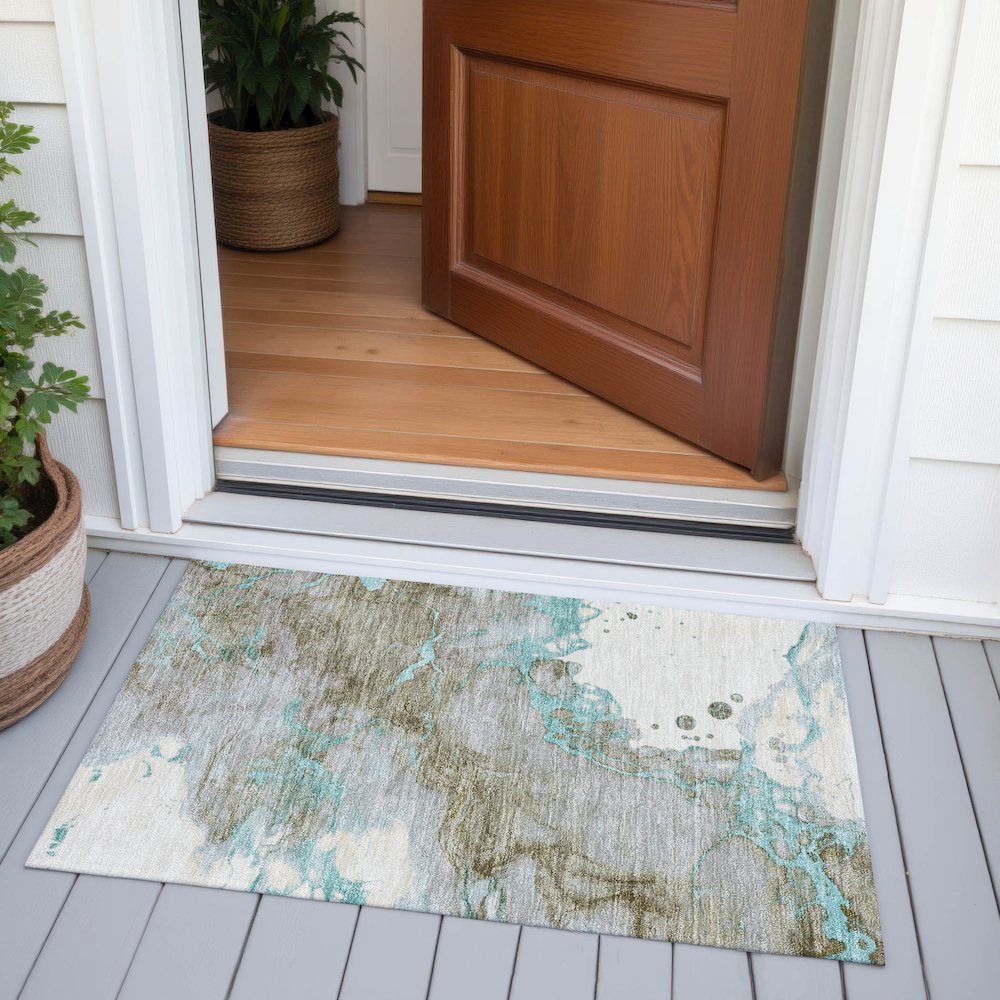 Machine Washable Indoor/Outdoor Chantille ACN2110 Teal 1'8" x 2'6" Rug. Picture 6