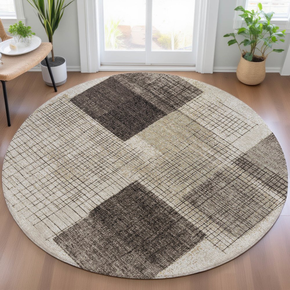 Machine Washable Indoor/Outdoor Chantille ACN2112 Brown 8' x 8' Round Rug. Picture 5