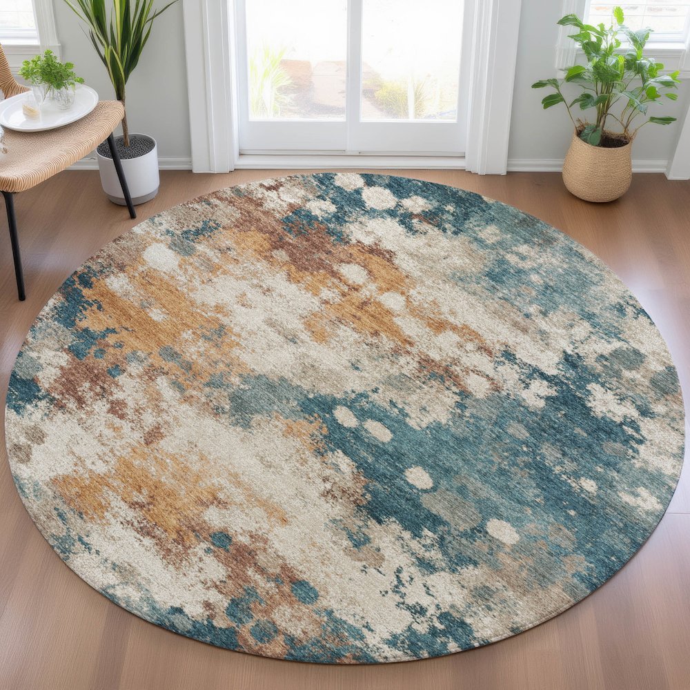 Machine Washable Indoor/Outdoor Chantille ACN2114 Teal 8' x 8' Round Rug. Picture 5