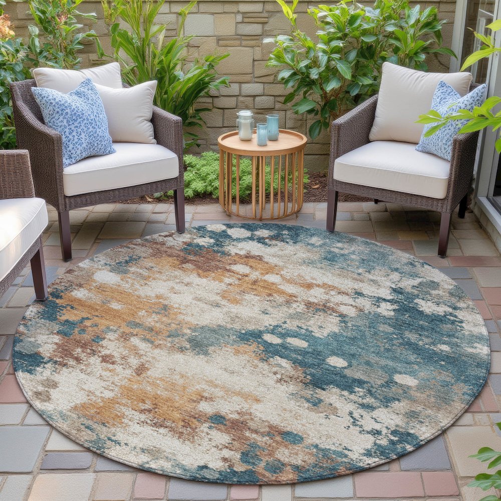 Machine Washable Indoor/Outdoor Chantille ACN2114 Teal 8' x 8' Round Rug. Picture 6