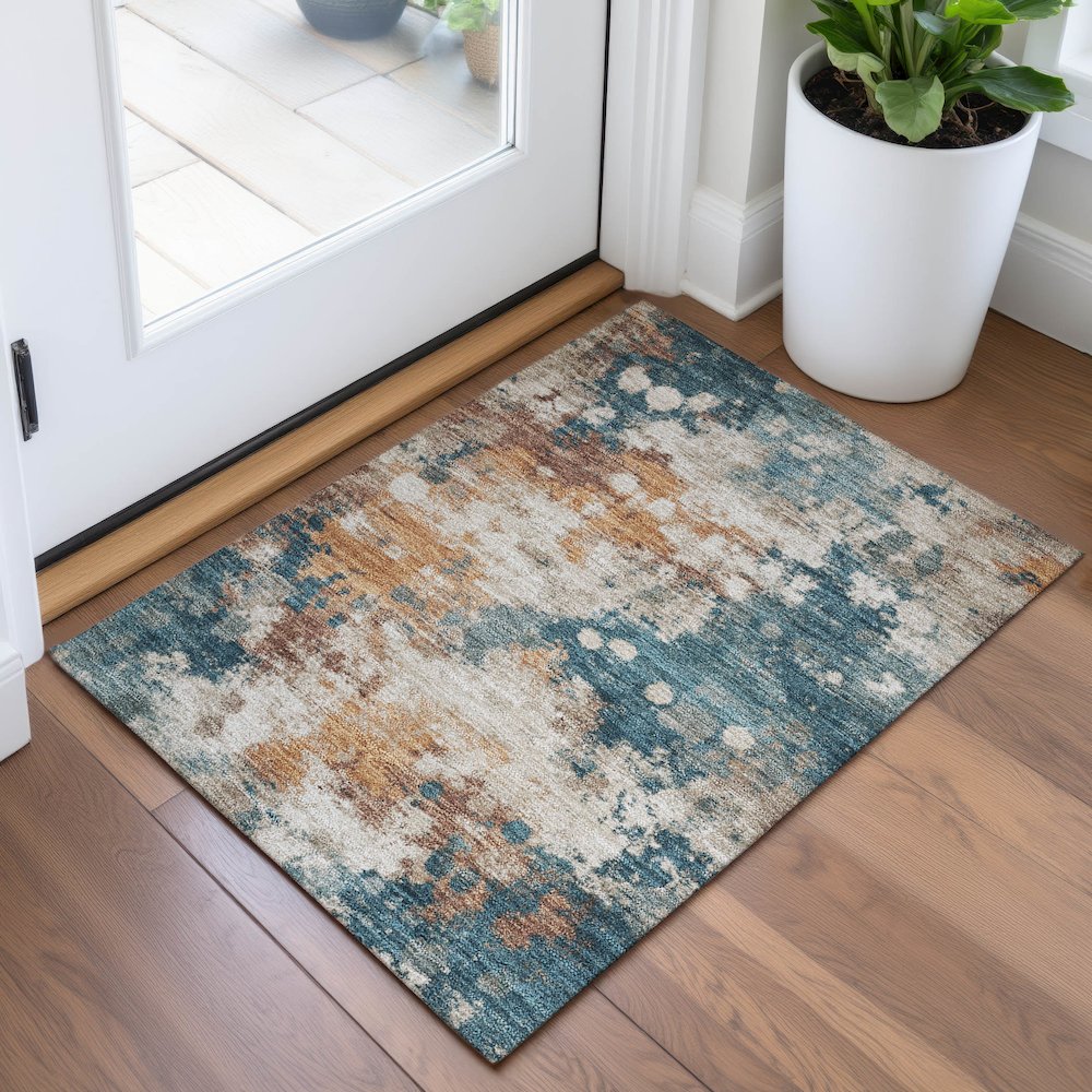 Machine Washable Indoor/Outdoor Chantille ACN2114 Teal 1'8" x 2'6" Rug. Picture 5
