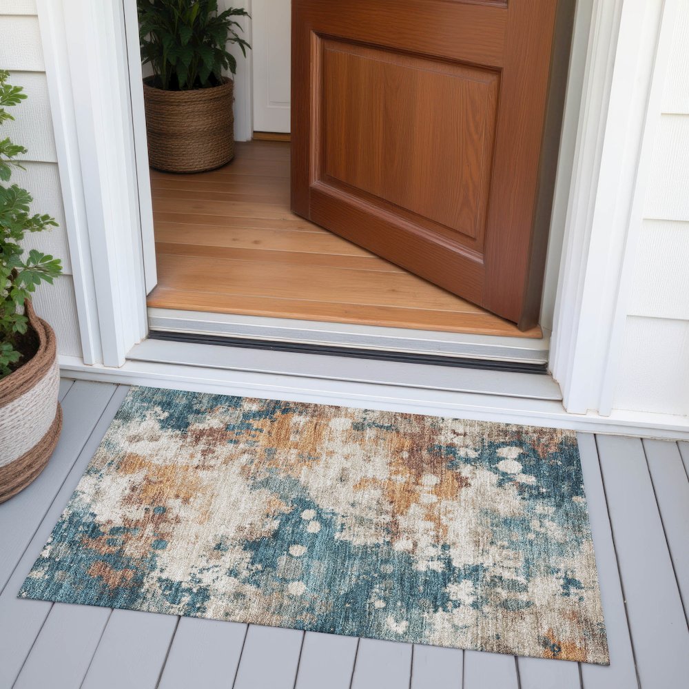 Machine Washable Indoor/Outdoor Chantille ACN2114 Teal 1'8" x 2'6" Rug. Picture 6
