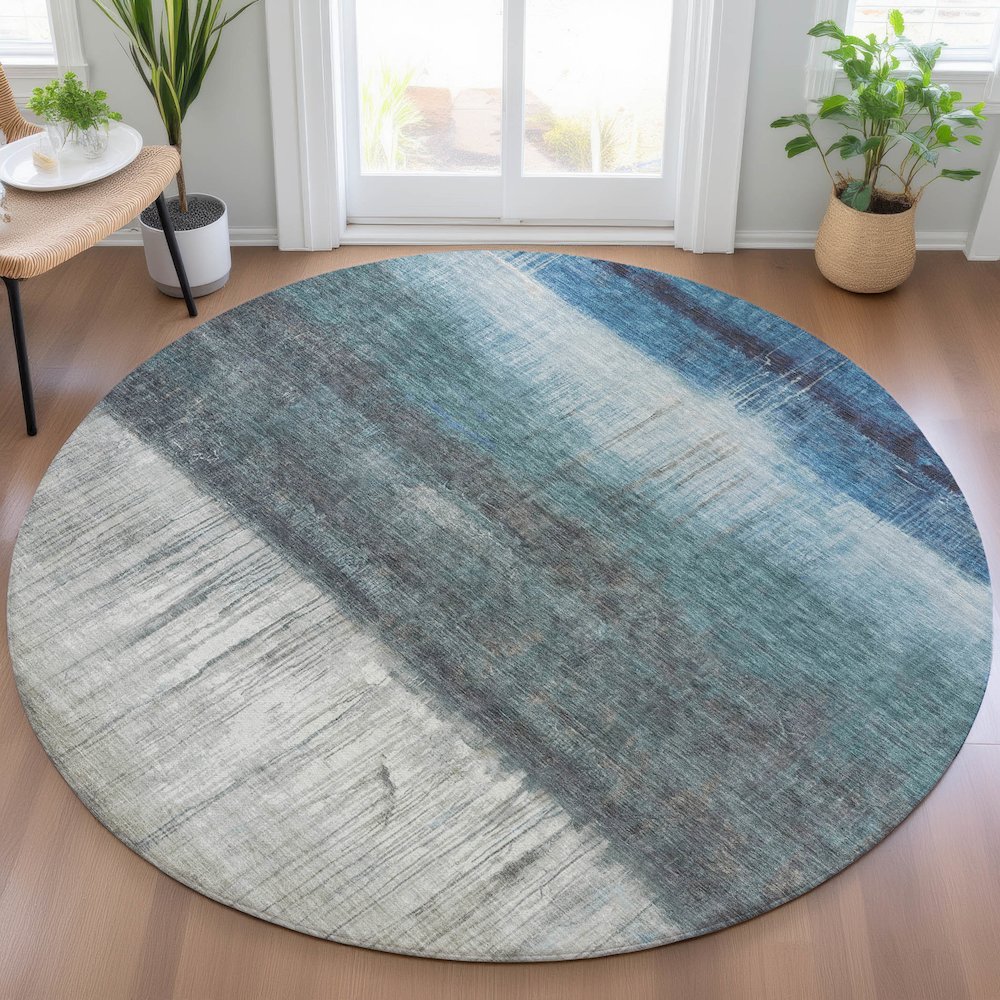 Machine Washable Indoor/Outdoor Chantille ACN2118 Blue 8' x 8' Round Rug. Picture 5