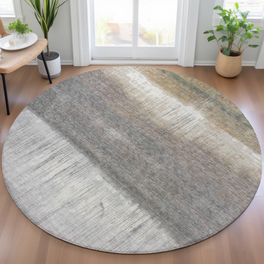 Machine Washable Indoor/Outdoor Chantille ACN2118 Taupe 8' x 8' Round Rug. Picture 5