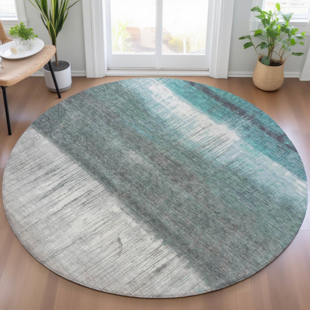 Machine Washable Indoor/Outdoor Chantille ACN2118 Teal 8' x 8' Round Rug. Picture 5