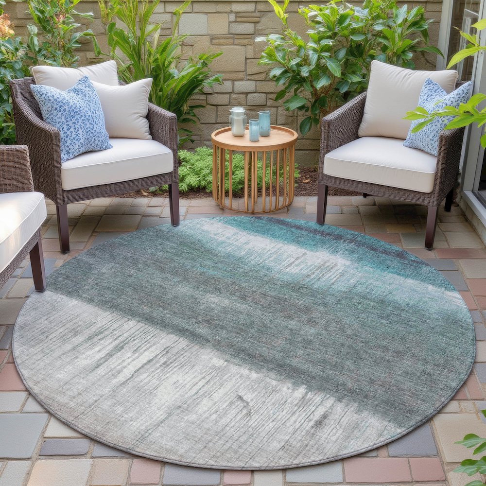 Machine Washable Indoor/Outdoor Chantille ACN2118 Teal 8' x 8' Round Rug. Picture 6