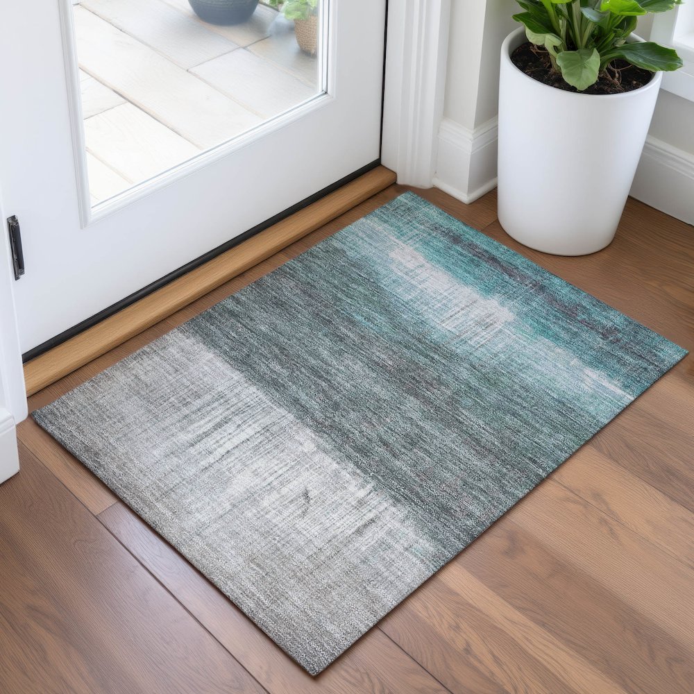 Machine Washable Indoor/Outdoor Chantille ACN2118 Teal 1'8" x 2'6" Rug. Picture 5