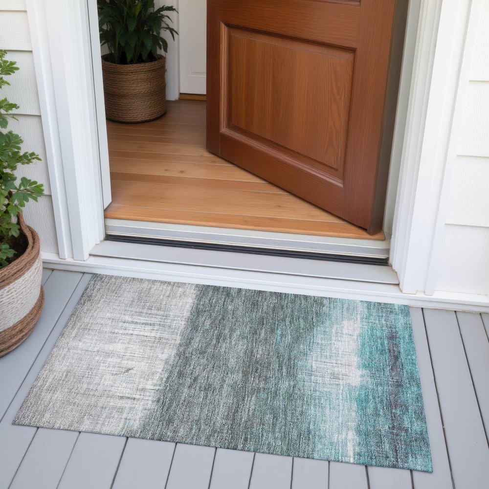 Machine Washable Indoor/Outdoor Chantille ACN2118 Teal 1'8" x 2'6" Rug. Picture 6