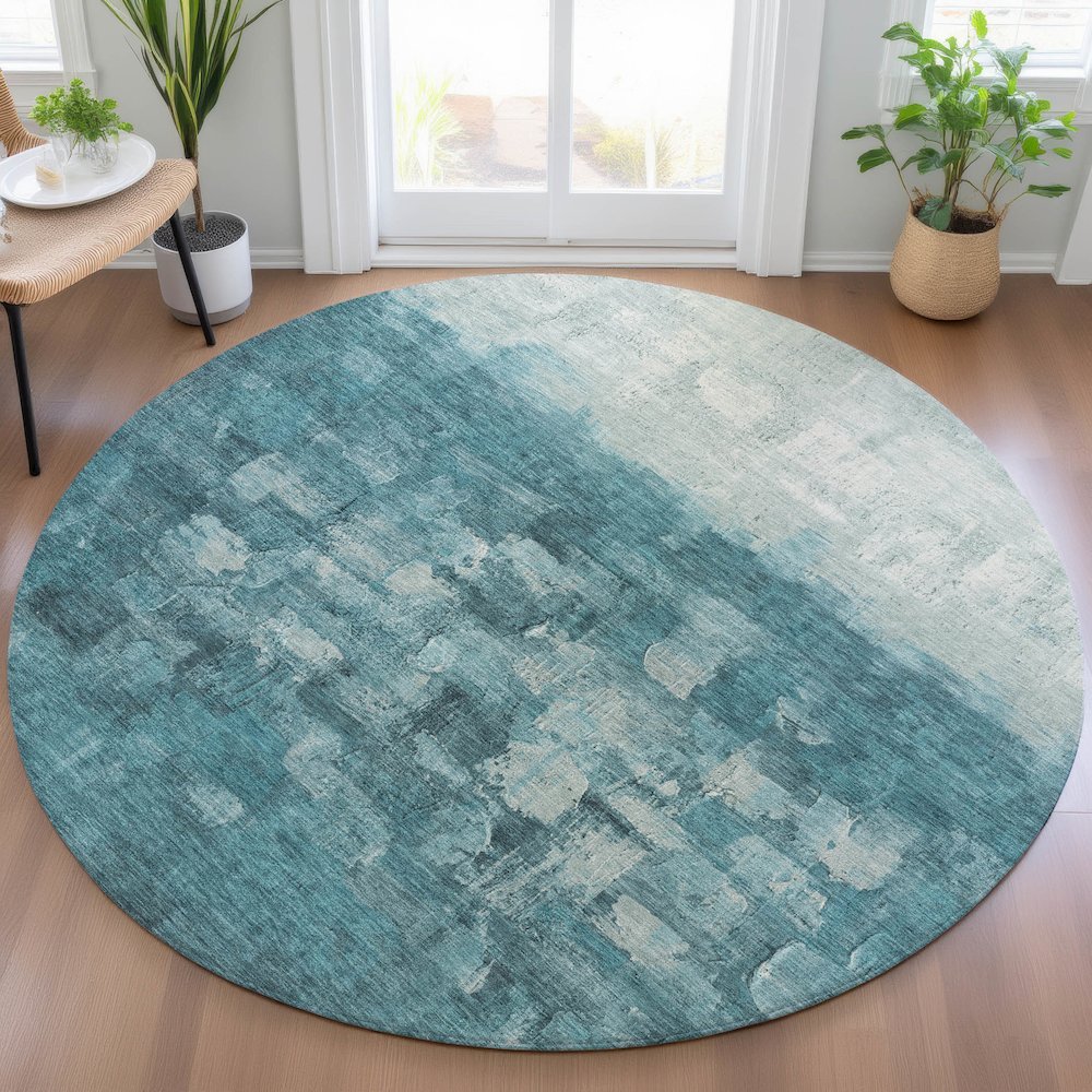 Machine Washable Indoor/Outdoor Chantille ACN2119 Teal 8' x 8' Round Rug. Picture 5