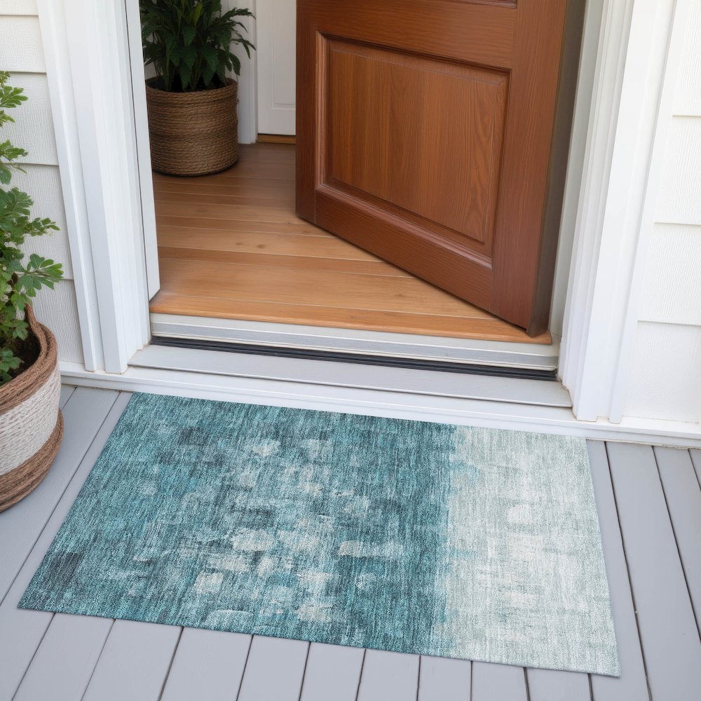 Machine Washable Indoor/Outdoor Chantille ACN2119 Teal 1'8" x 2'6" Rug. Picture 6