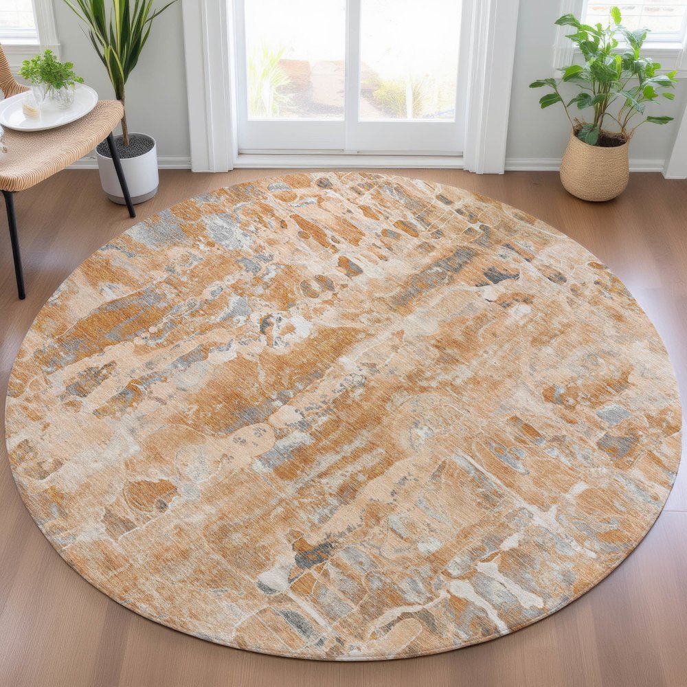 Machine Washable Indoor/Outdoor Chantille ACN2120 Orange 8' x 8' Round Rug. Picture 5