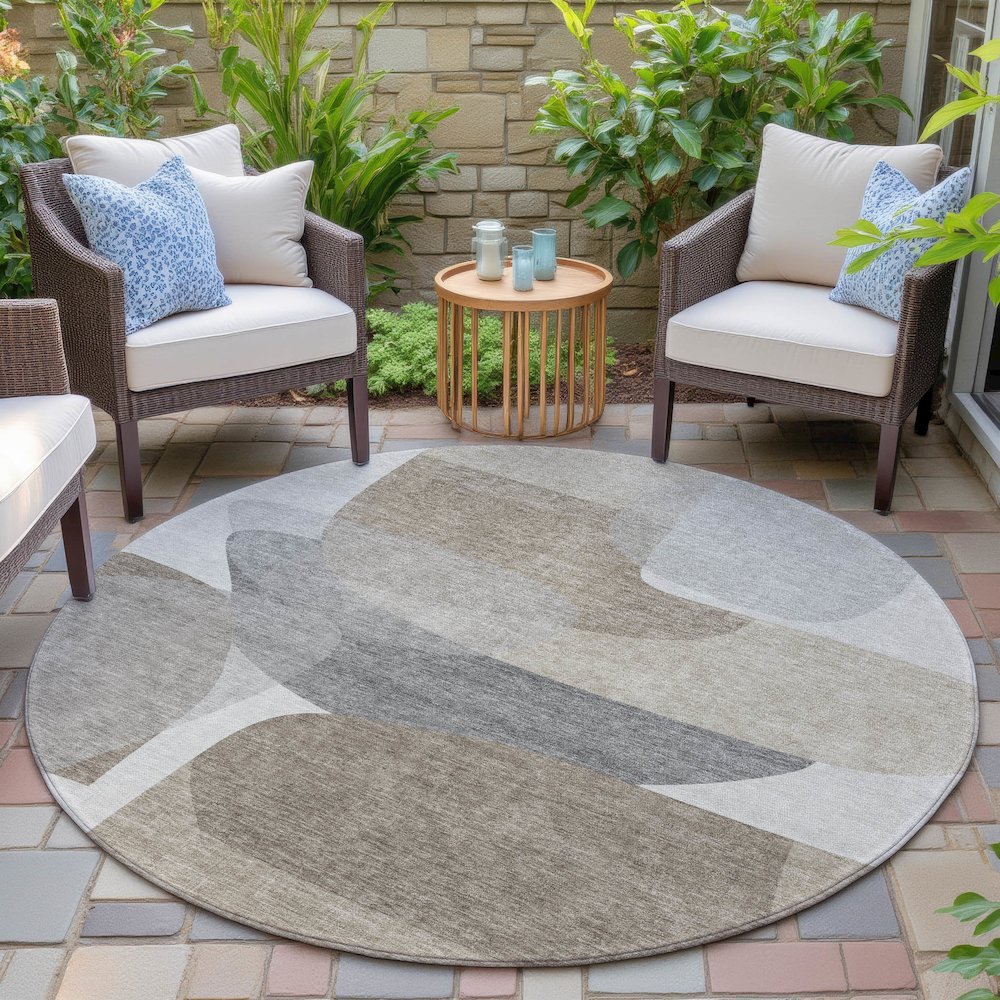 Machine Washable Indoor/Outdoor Chantille ACN2121 Taupe 8' x 8' Round Rug. Picture 6